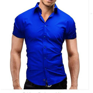 Camisa Social Slim Fit manga curta Azul royal Luxo
