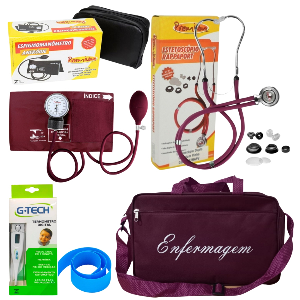 KIT DE ENFERMAGEM COM MEDIDOR DE PRESÃO ESTETOSCÓPIO GARROTE E BOLSA