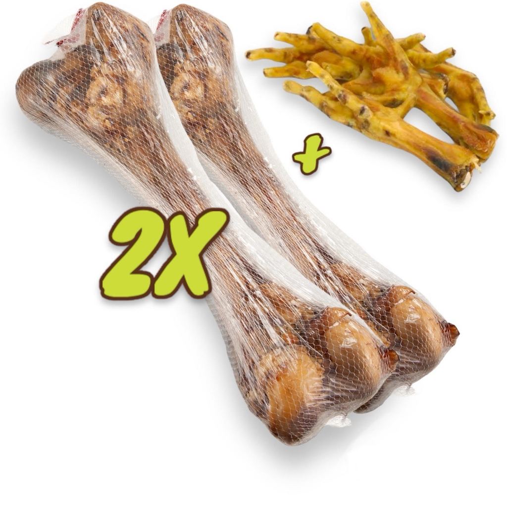 Kit 2 Osso Petisco Pet Fêmur Desidratado 100% Natural Defumado + 3 Pé