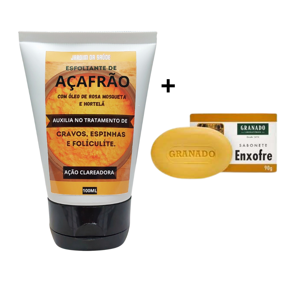 Kit Esfoliante de Açafrão + Sabonete de Enxofre Com Rosa Mosqueta Foliculite, Clareamento, Trata Acne, Espinhas