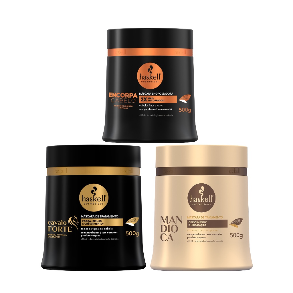 KIT CRONOGRAMA HASKELL MASCARA CAVALO FORTE 500G , MASCARA MANDIOCA 500G E MASCARA ENCORPA 500G