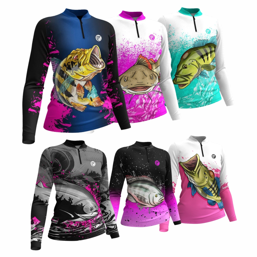 Camisa Camiseta de Pesca Feminina Com Proteção Solar Pescador Feminino Uv50 Tecido Dry fit