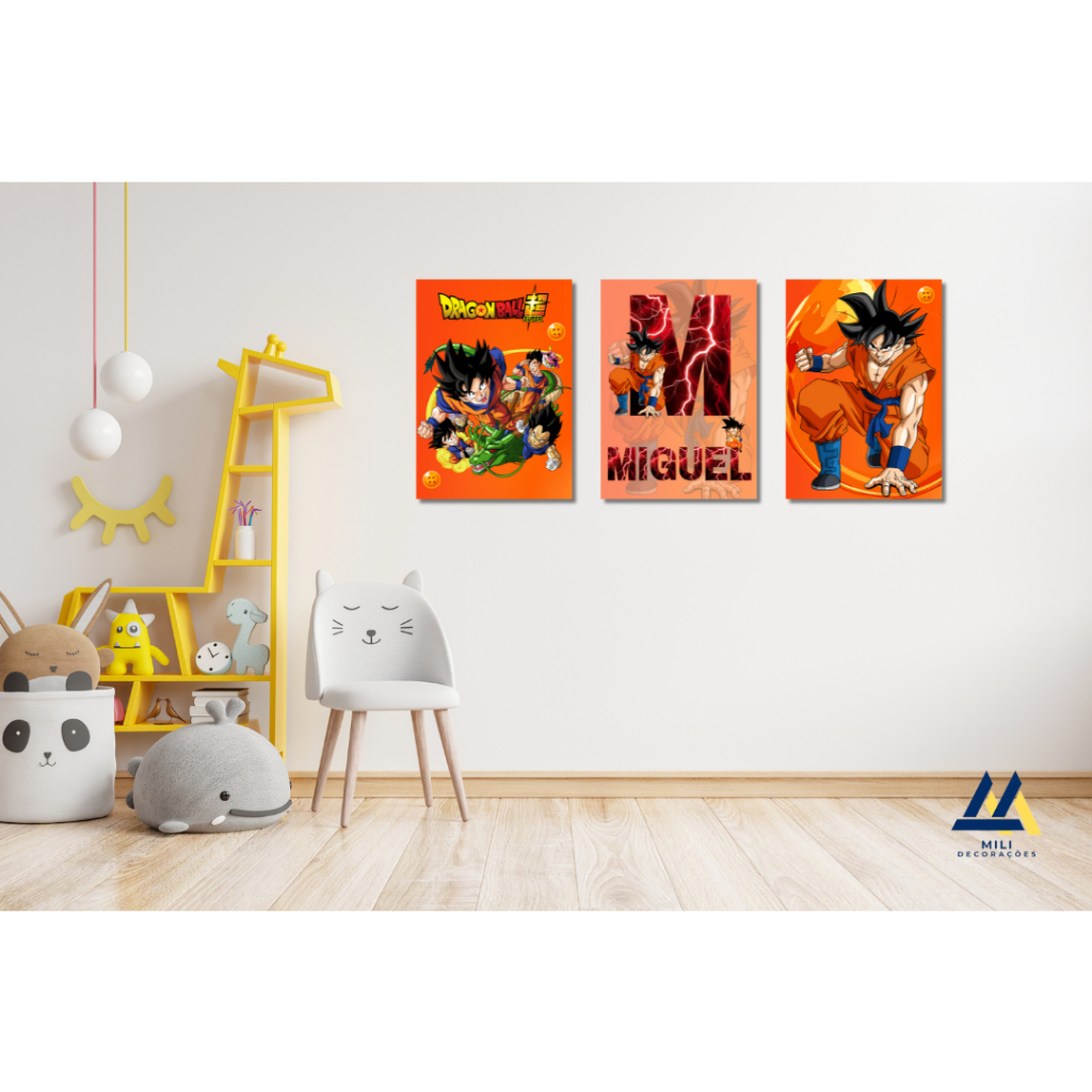 KIT PLACA DECORATIVA PERSONALIZADA Goku / Dragon Ball (medida 28.5x20) KIT COM 3 UNIDADE