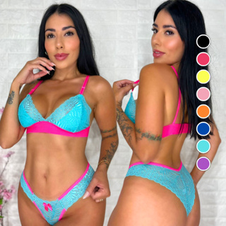 Conjunto Neon Renda Bicolor Feminino Rendado Lingerie Sexy Sensual Calcinha e Sutiã sem Bojo em Oferta na Shopee
