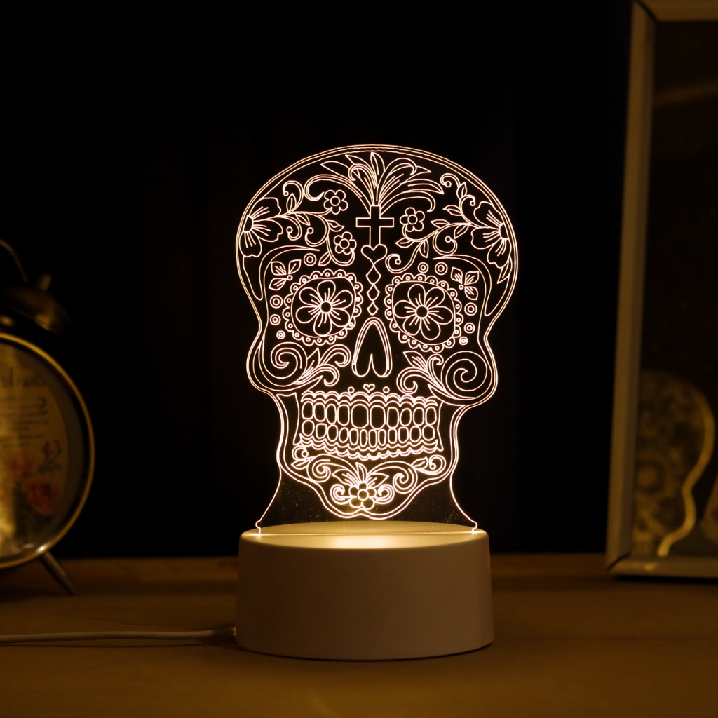 Luminária led 3D / abajur de mesa - Caveira mexicana, caveira com flores