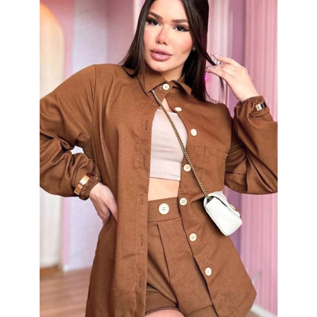 Conjunto de Inverno em Linho, Short Curto Camisa Manga Longa de Botões, Colarinho, Moda Casual Elegante e Confortável