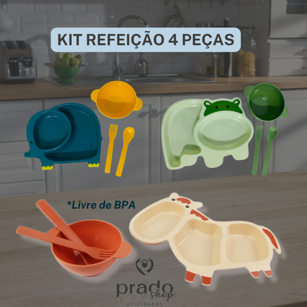 Kit Refeição 4pç Prato Bowl Colher Garfo Infantil Introdução Alimentar Lanche Papinha Bambu