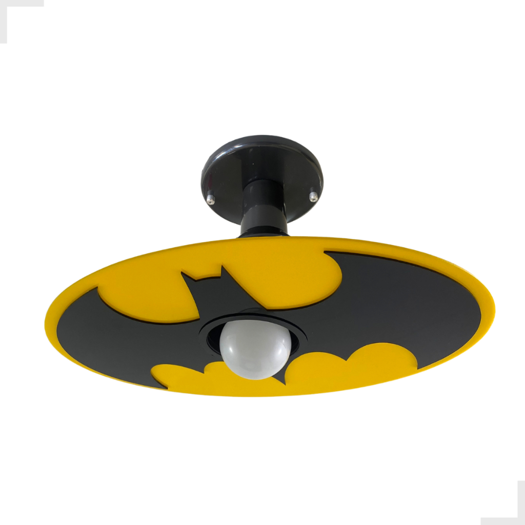 Luminária Plafon Infantil Batman Herói Quarto Criança Menino Menina Amarelo Preto Teto Decoração LED
