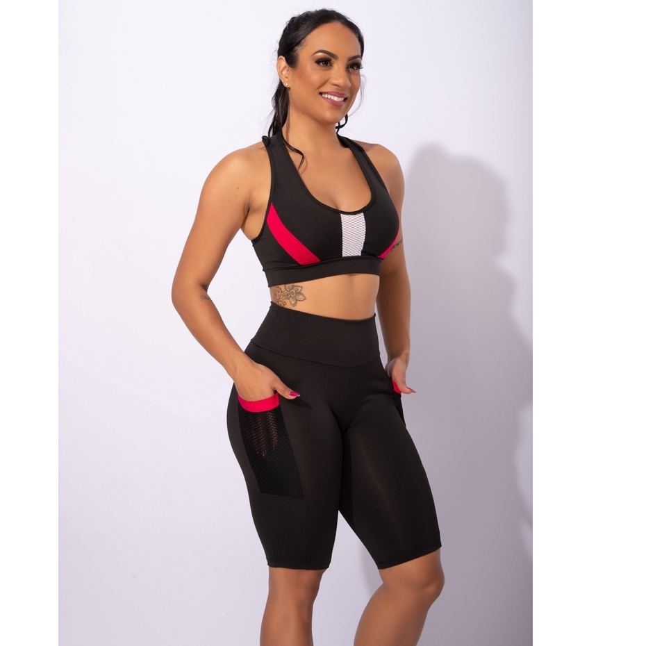 Conjunto Feminino Fitness Bermuda Ciclista Cintura Alta Com Bolso Tela E Top Nadador Tela ...
