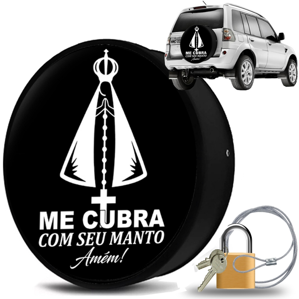 Capa para Estepe Pajero Mitsubishi  Tr4 Aro 17 Pneu 225/65/17 Nossa Senhora Aparecida com Cabo de Aço e Cadeado Couro Ecológico Fosco