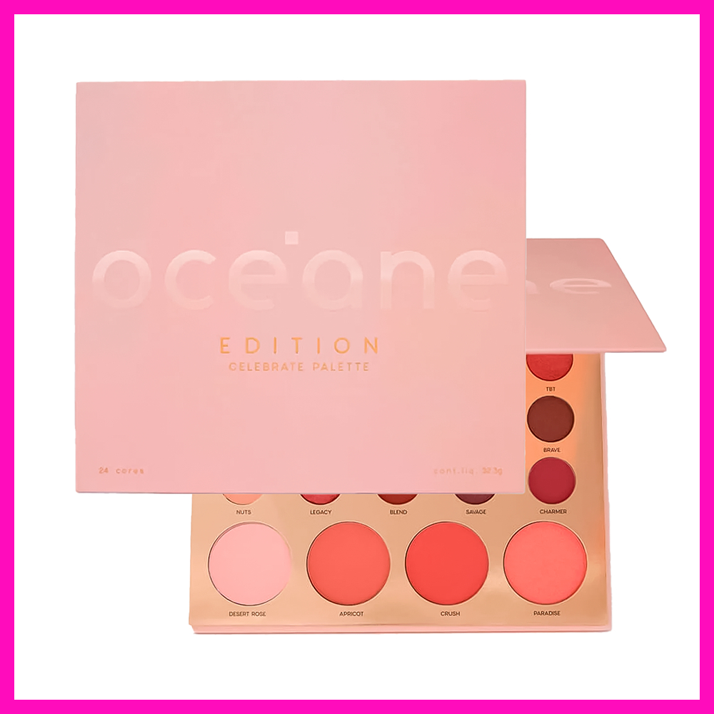 Paleta de sombras Océane Edition Celebrate Palette aberta e fechada, exibindo 24 tons de sombras em embalagem rosa claro.