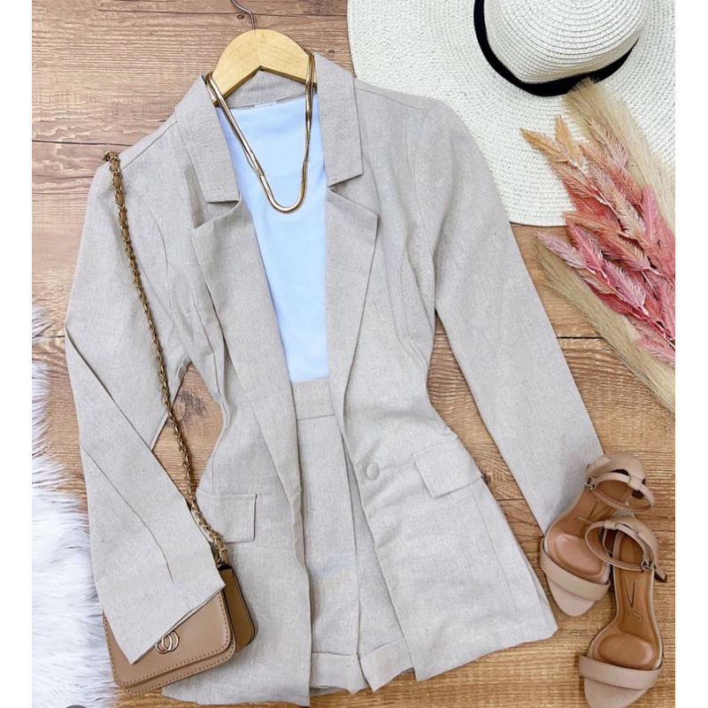 Conjunto Feminino linho Shorts +  blazer Alfaiataria Elegante Social