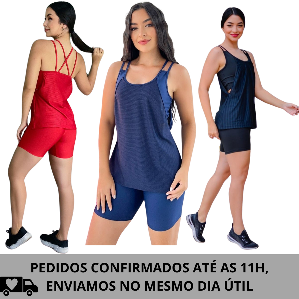 Conjunto trio, bermuda, regata + top embutido sem bojo, academia, corrida, caminhada