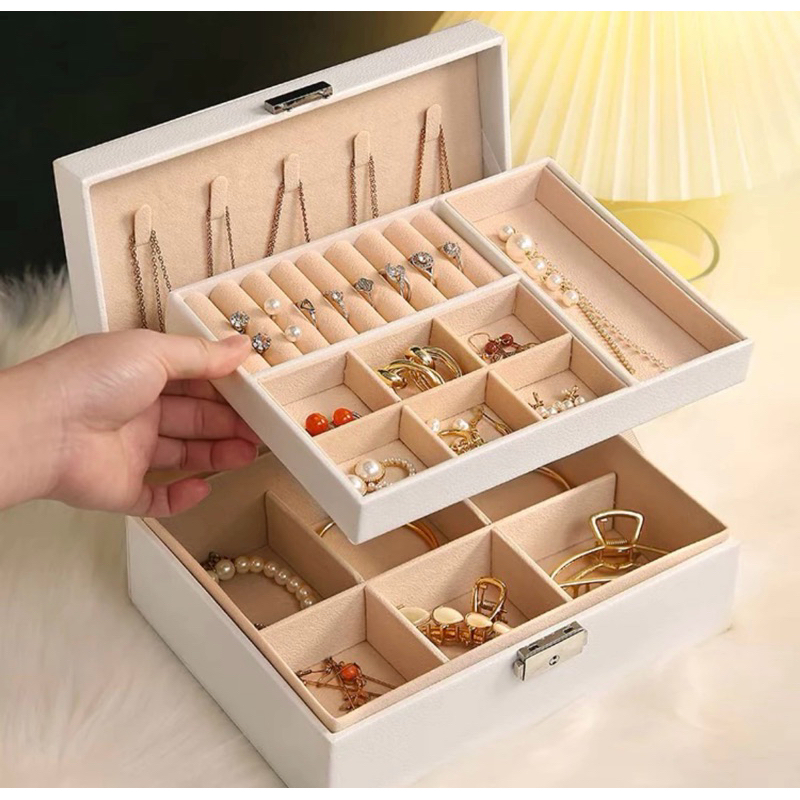 Porta Joia Grande Dupla Camada Multifuncional Couro com Chave Feminino