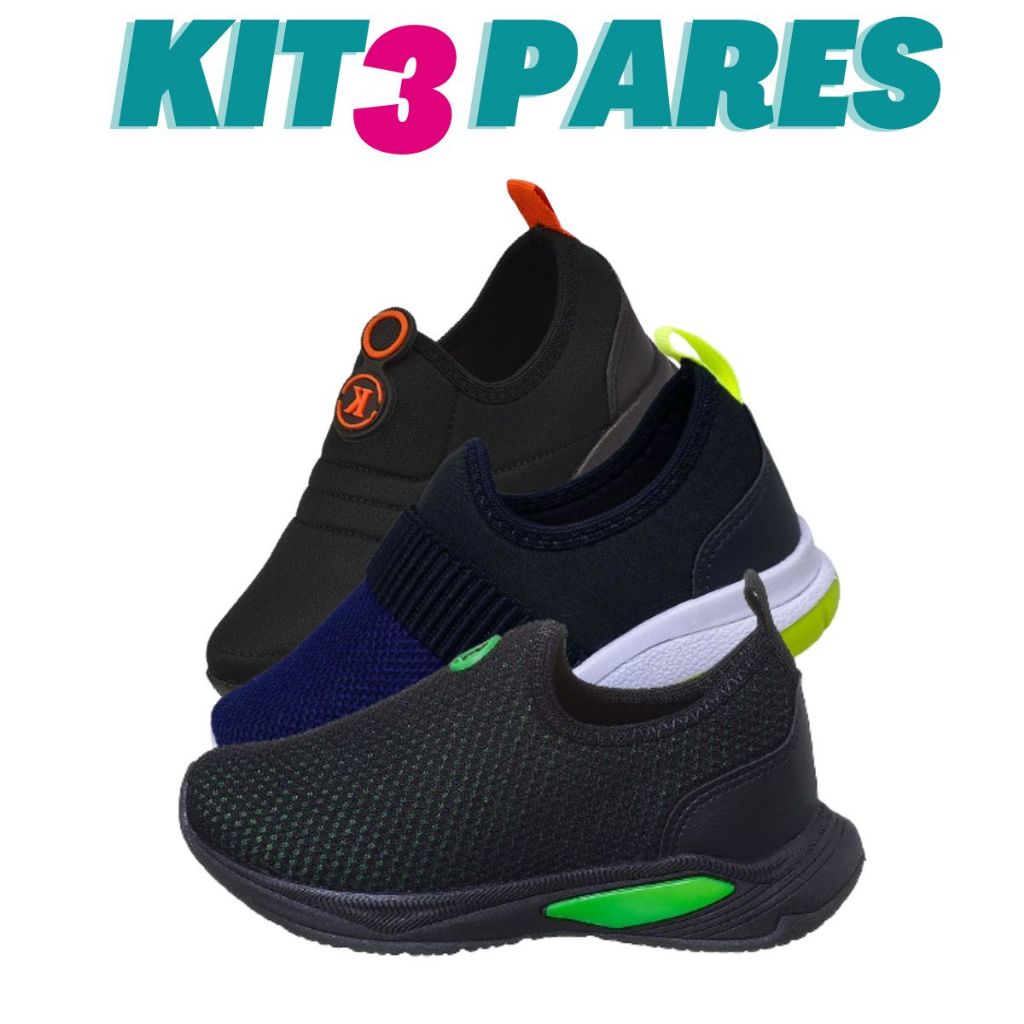 KIT 3 PARES Tenis Infantil Calce Facil Escolar Preto Verde Preto Laranja e Preto Marinho Kidstep em Oferta na Shopee