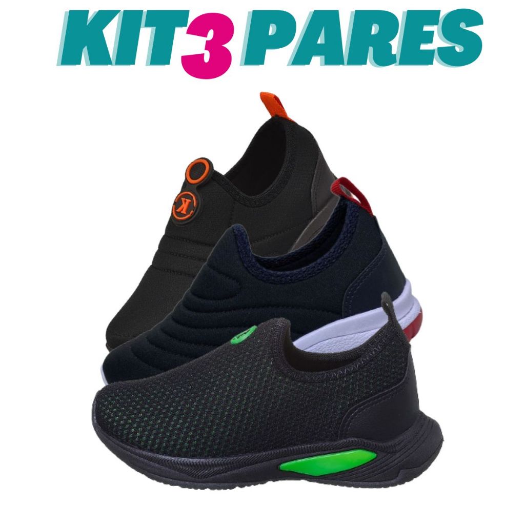 KIT 3 PARES Tenis Infantil Calce Facil Escolar Preto Verde Preto Laranja e Preto Vermelho Kidstep em Oferta na Shopee