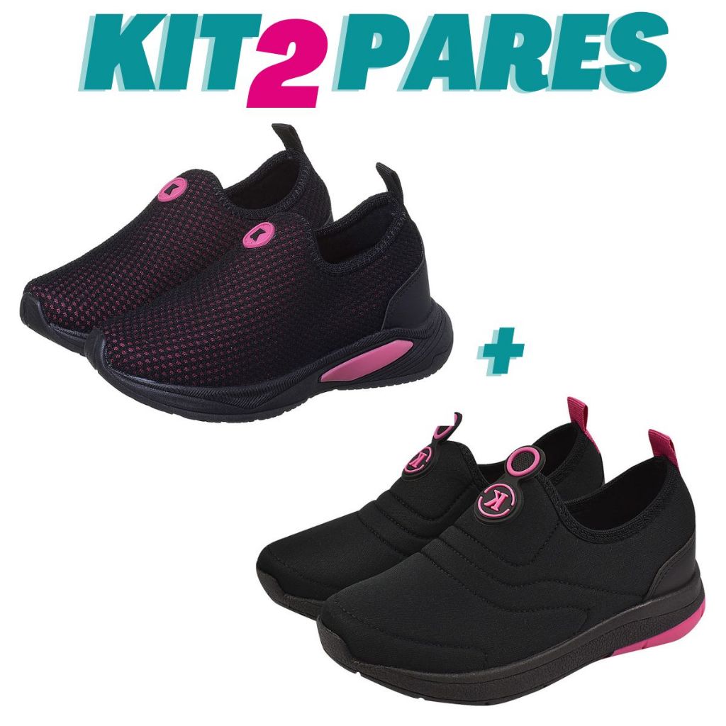 KIT 2 PARES Tenis Infantil Calce Facil Menina Preto Pink K Telinha e Preto Pink K Bordado Kidstep em Oferta na Shopee