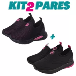 KIT 2 PARES Tenis Infantil Calce Facil Menina Preto Pink K Telinha e Preto Pink K Bordado Kidstep