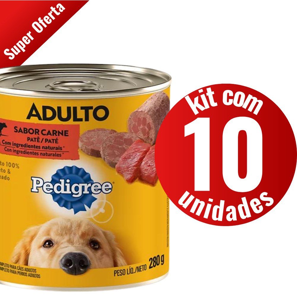 Kit com 10 Ração Úmida Pedigree Lata Patê Para Cães Adultos Carne 280g