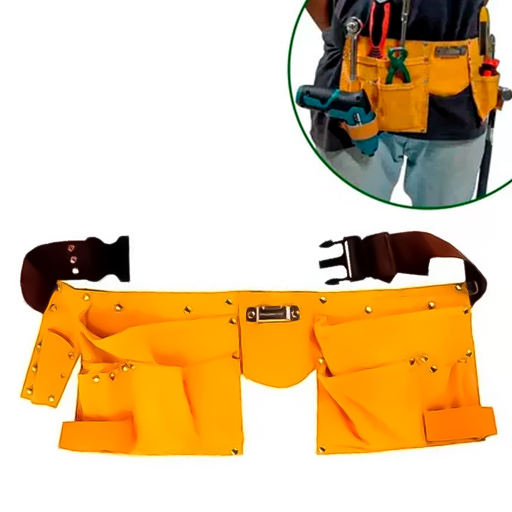Cinto Em Couro Para Ferramentas Eletricista Pedreiro Em Geral Com 11 Bolsos em Oferta na Shopee