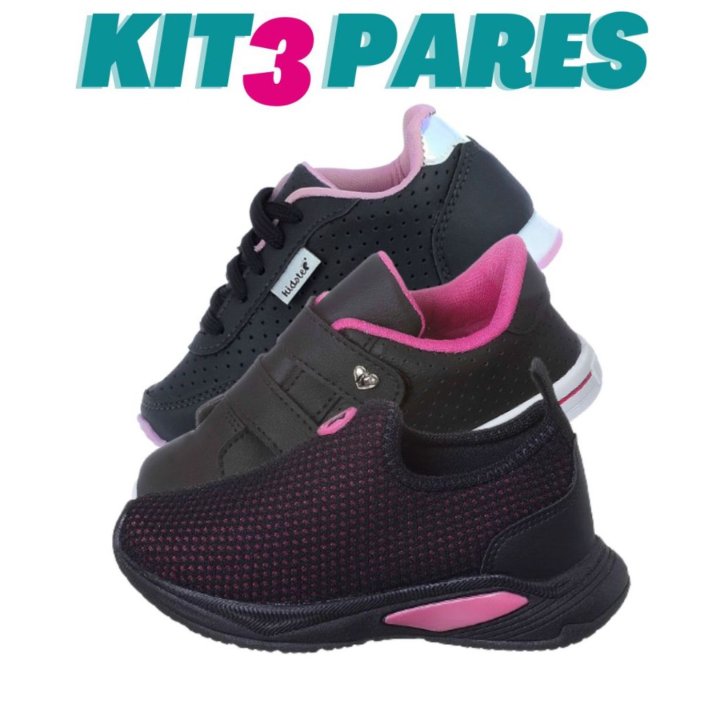 KIT 3 PARES Tenis Infantil Menina Preto Pink K Telinha Casual Preto e Escolar Preto Rosa Kidstep em Oferta na Shopee