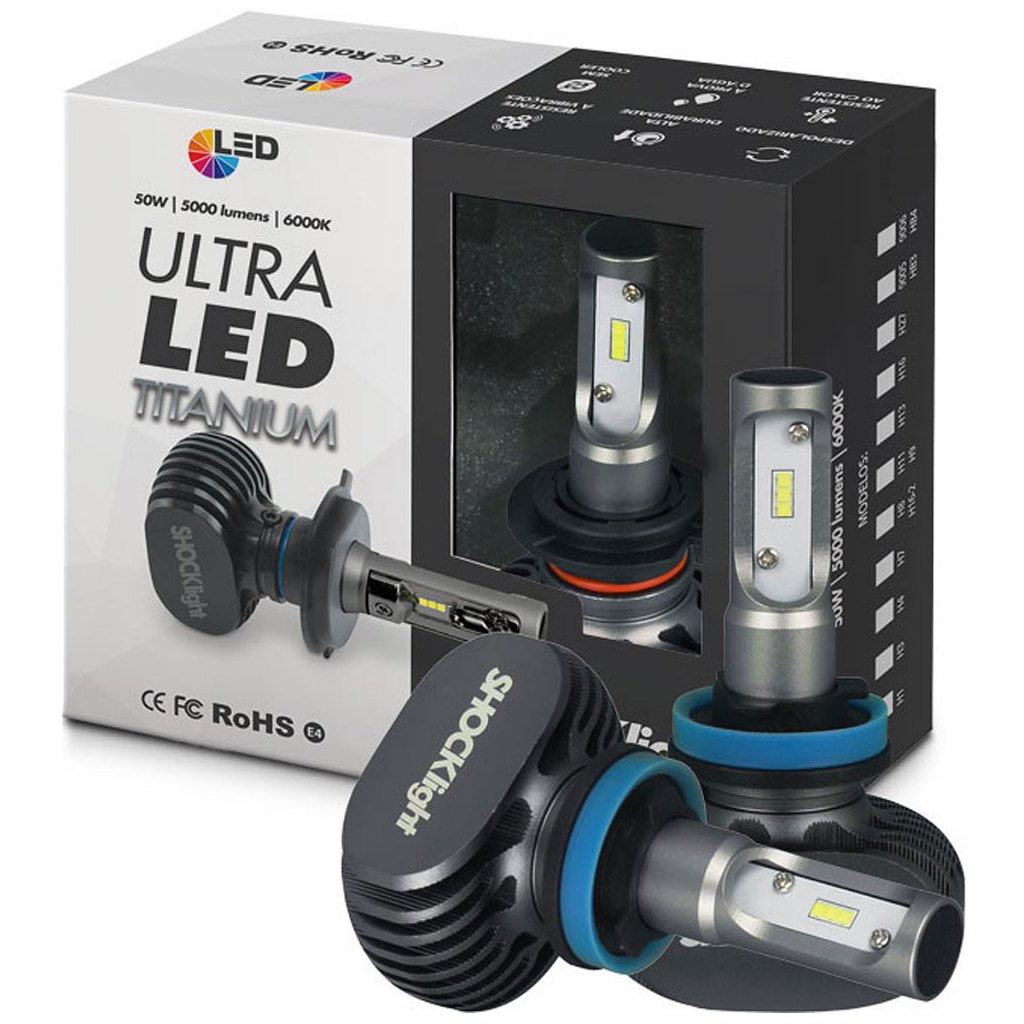 Par Ultra Led Lâmpada ShockLight H11 Titanium 6000K 12V 50W 10000 Lúmens
