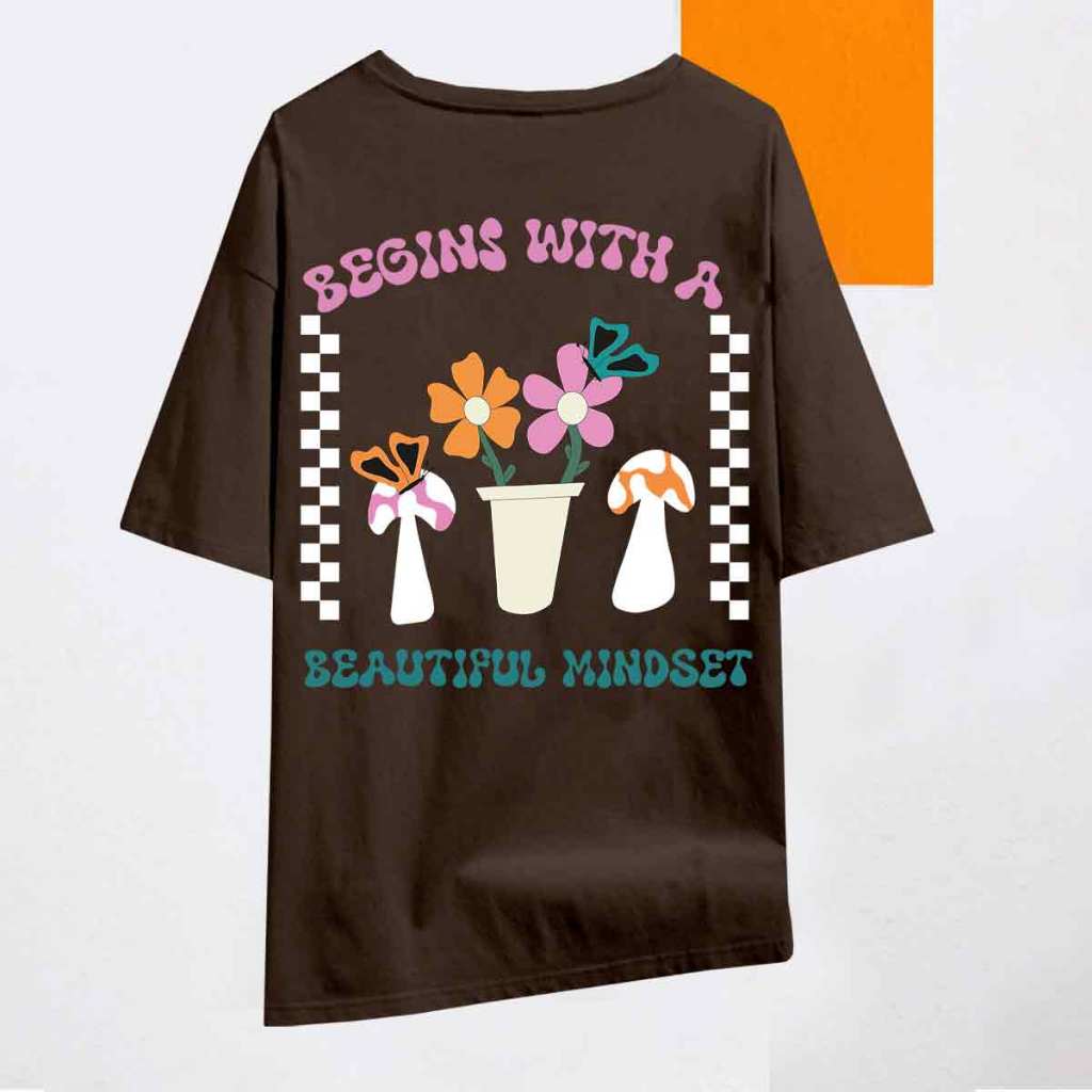 Camiseta Day Begins Mindset Marrom Oversized Blogueira Básica