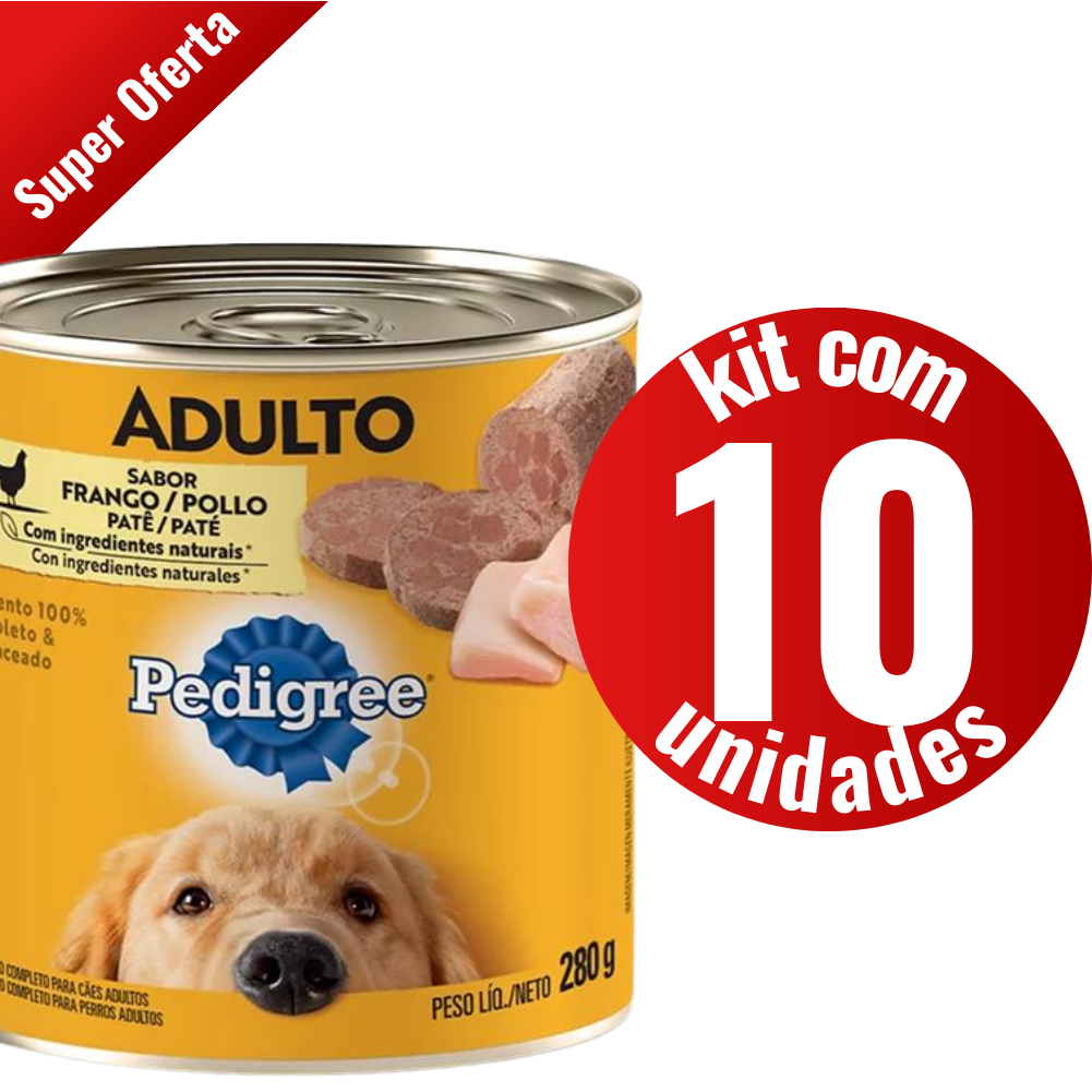 Kit 10 Latas Pedigree Patê Cães Adultos Frango 280g Ração Úmida Alta Palatabilidade