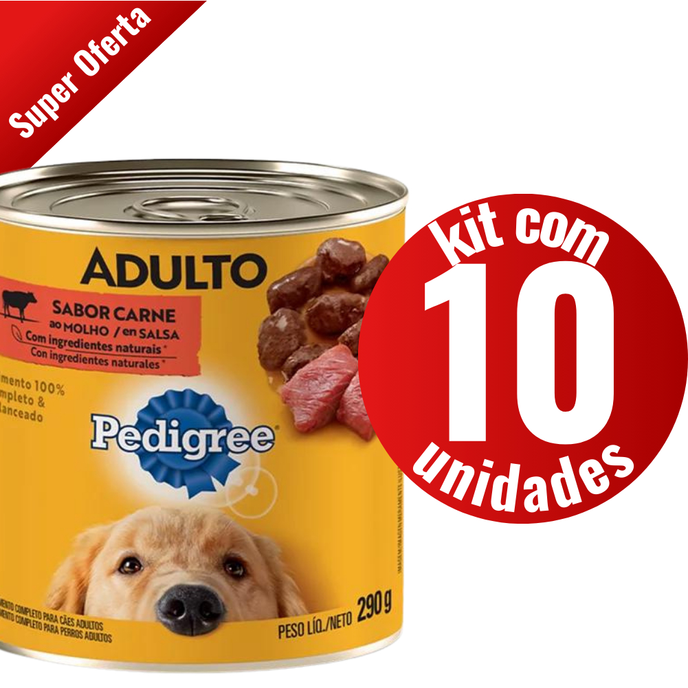 Kit 10 Latas Pedigree Carne ao Molho 290g Ração Úmida para Cães Adultos Alimento Completo