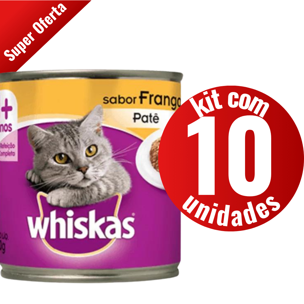 Kit 10 Latas Whiskas Patê Gatos Adultos Frango 290g Ração Úmida Alta Palatabilidade