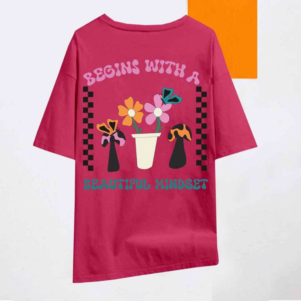 Camiseta Beautiful Mindset Borboleta Flores Oversized Casual Top