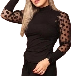 Blusa feminina canelada manga longa poá gola alta confortável versátil