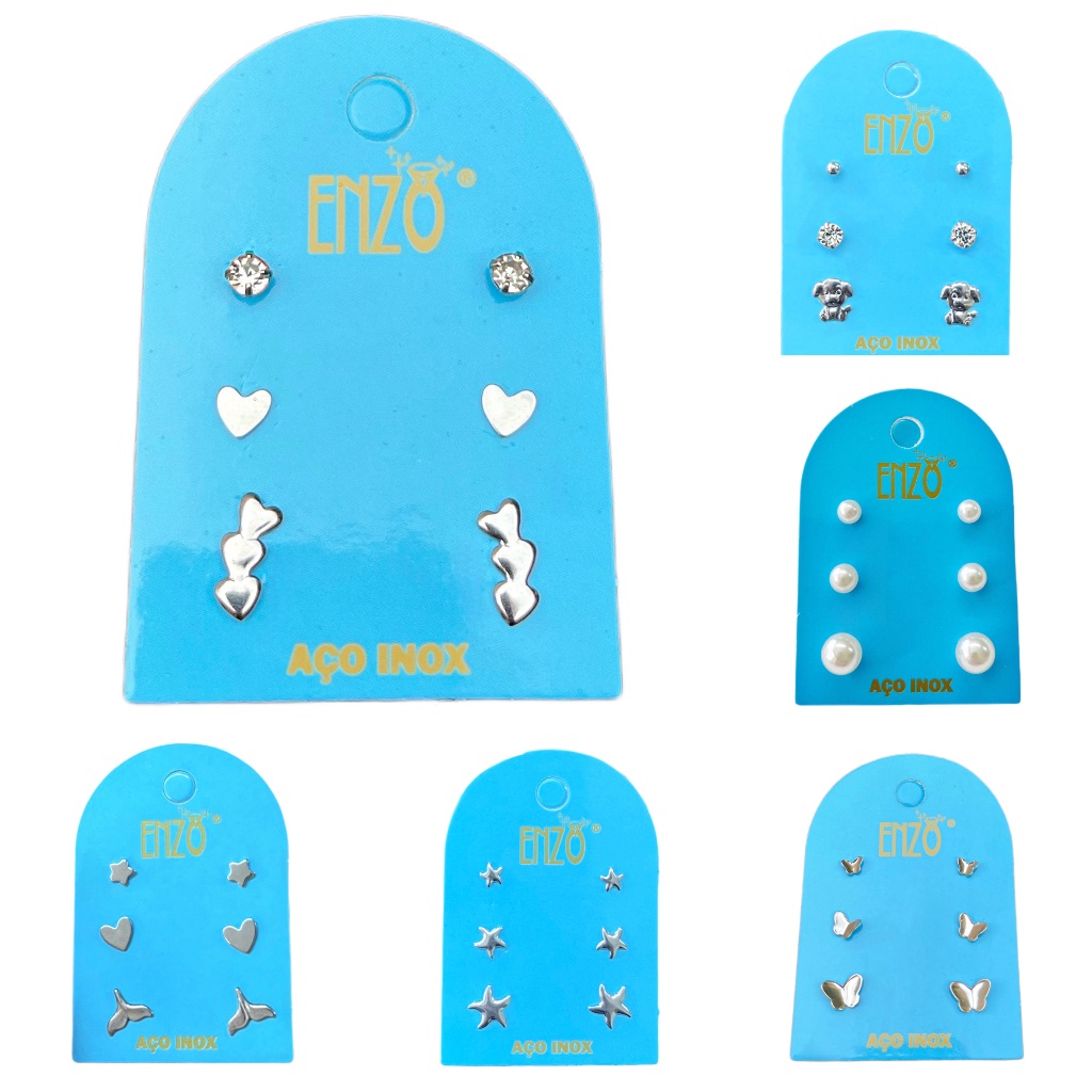 Brincos Pequenos Trio Em Aço Inox Pedra Strass Cartela Com 3 Pares em Oferta na Shopee