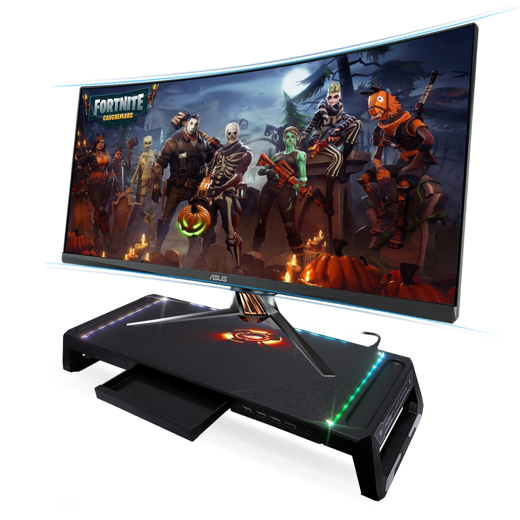 Base Para Monitor Gamer Suporte Tela RGB Rainbow 4 Portas USB Suporte Celular Gaveta Peso 30kg