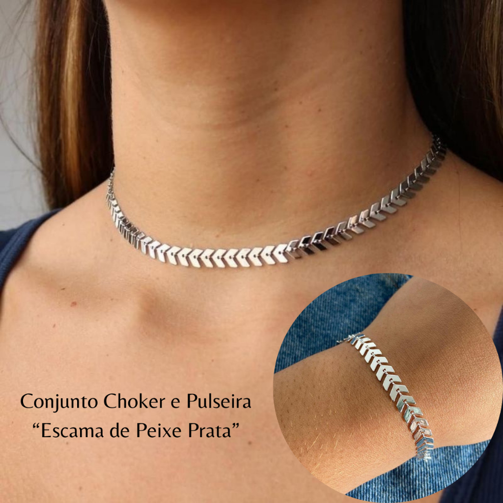 Conjunto Choker e Pulseira Escama de Peixe Prata Conjunto Colar Pulseira Escama Prateado