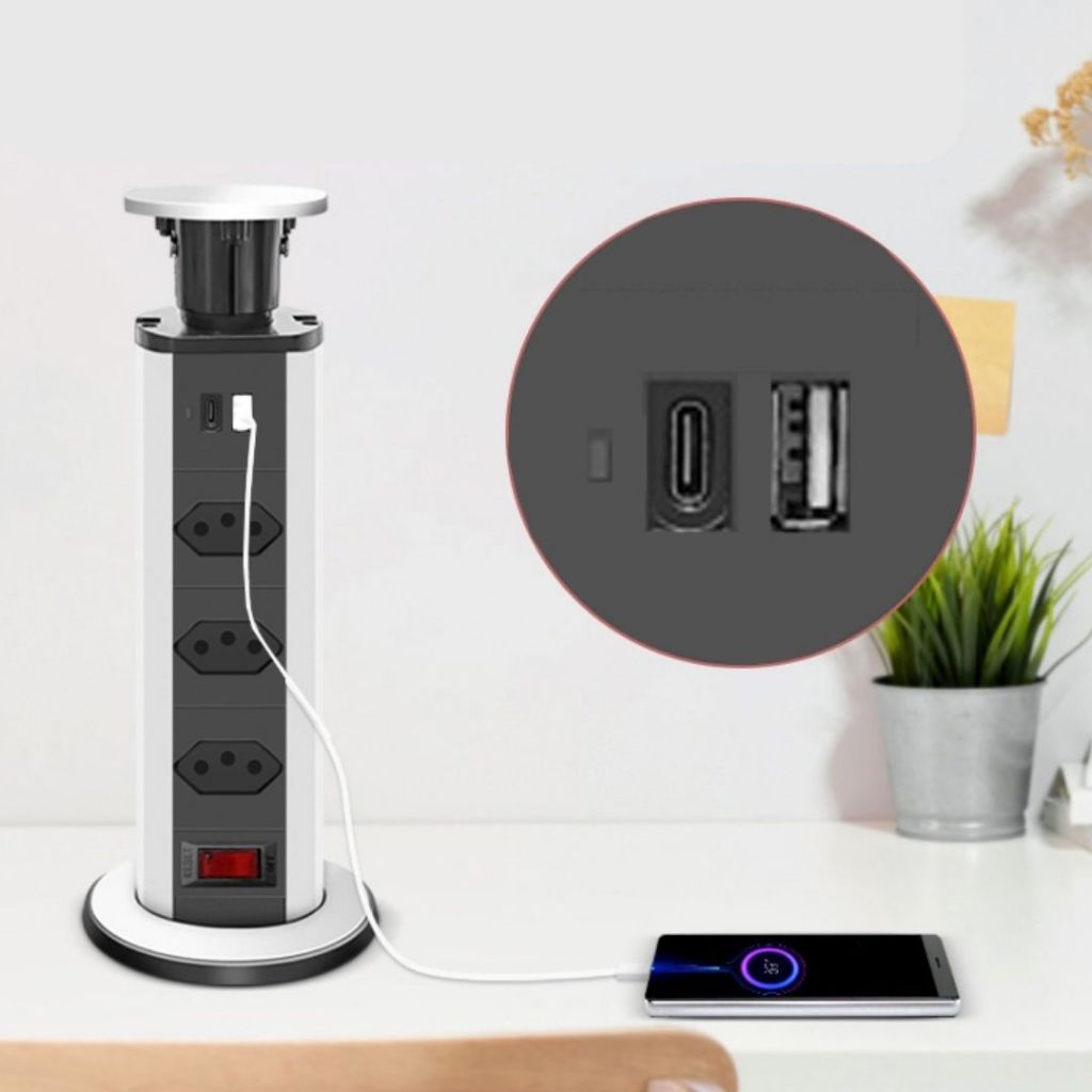 Torre De Tomada Multiplug Retrátil Com Usb E Usb C Embutir Mesa