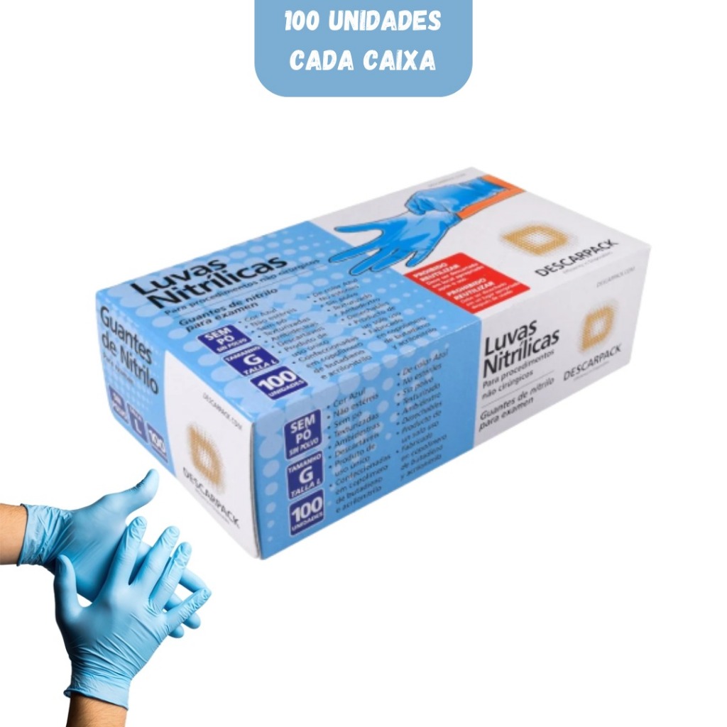 Luva Nitrilica Azul Sem Pó De 100 Un Tamanho G - Descarpack