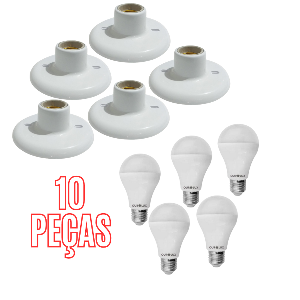Kit 10 peças 5 Plafon Plástico E-27 Branco com bocal de louça+5 Peças Lâmpada led econômica 9w 6.5k Branco Frio