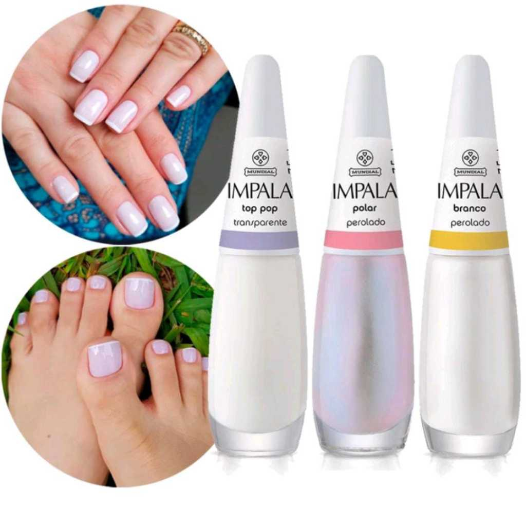 Kit 3 Esmaltes Impala Francesinha Top Pop, Branco e Polar