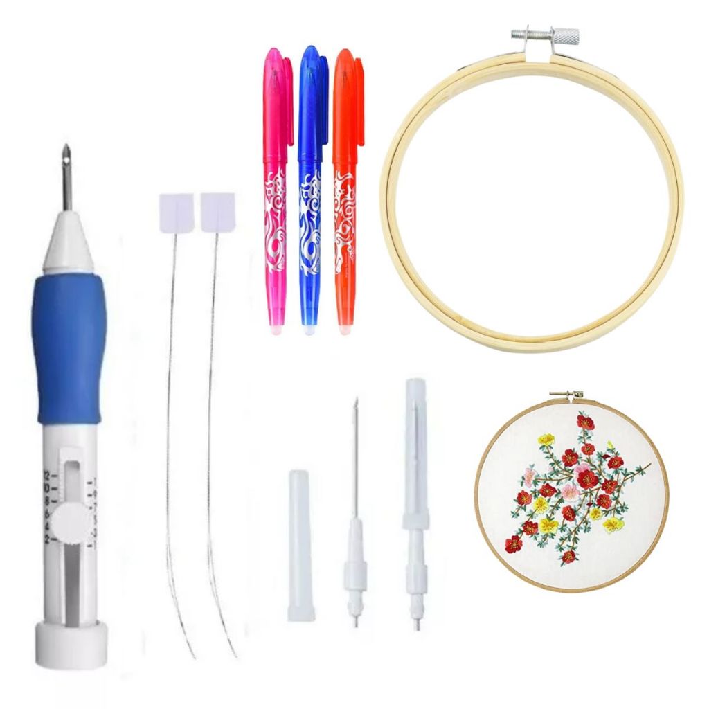 Kit Caneta Ponto Russo Punch Needle, 3 agulhas, bastidor, Caneta Fantasminha Apagável