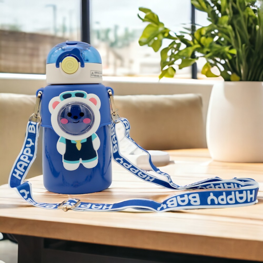 Garrafa Térmica Infantil Canudo de Silicone Aço Inox 500ml Quente ou Frio Tema Bichinhos Com Alça e Trava de Segurança Com Copa Isolada EL-2015 + BRINDE