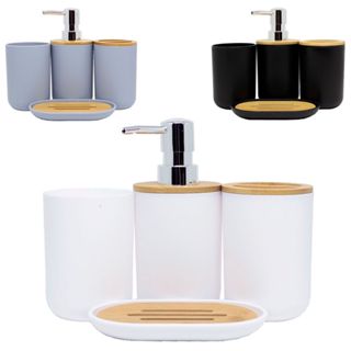 Kit  De Banheiro Lavabo 4 Peças Plástico Conjunto Bambu Bamboo Porta Sabonete Liquido Luxo em Oferta na Shopee