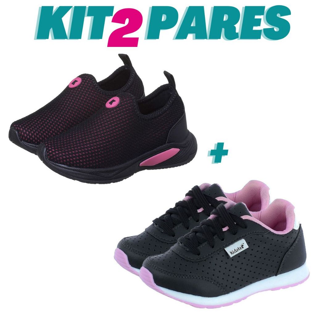KIT 2 PARES Tenis Infantil Calce Facil Menina Preto Pink K Telinha e Escolar Preto Rosa Kidstep