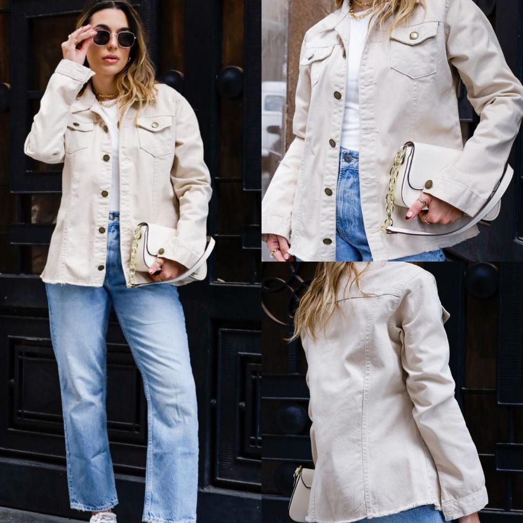 Max Jaqueta Jeans Casual Feminina Sem Barra Botão Ferro Collor Areia , Ser lycra com bolso...