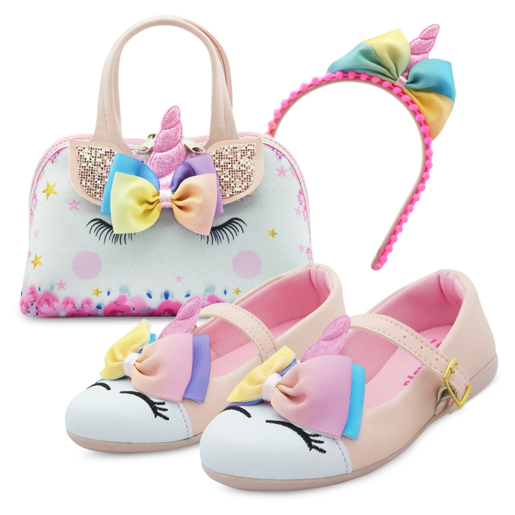 Sapatilha Infantil Unicórnio com Bolsinha e Tiara Laço loli kids Branco Rosa Menina