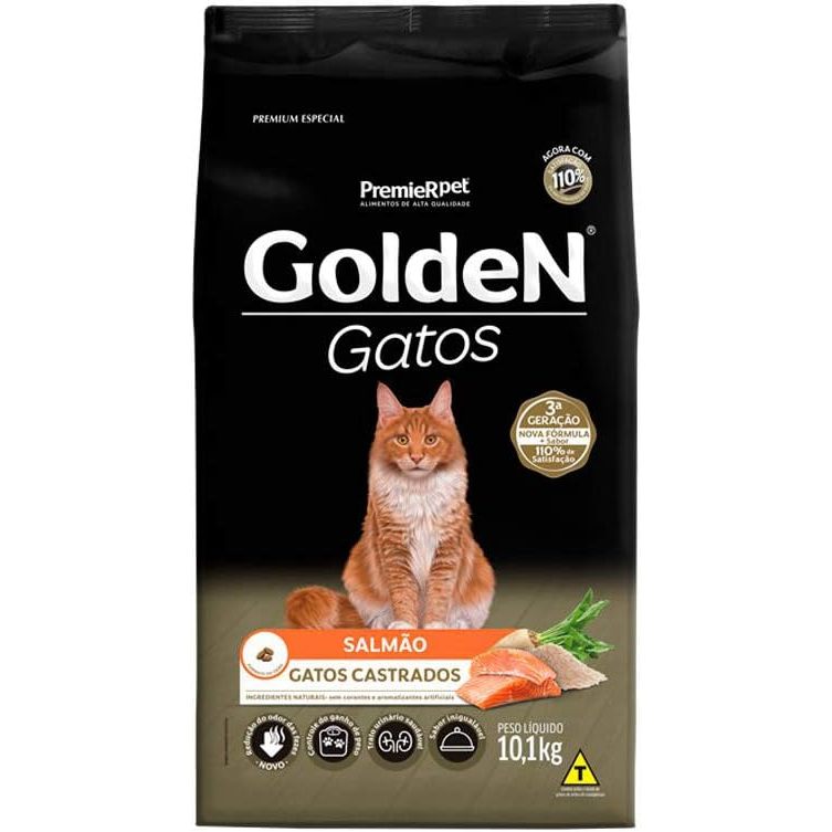 Ração Golden para Gatos Adultos Castrados Sabor: Salmão/ Frango/ Carne 10,1kg