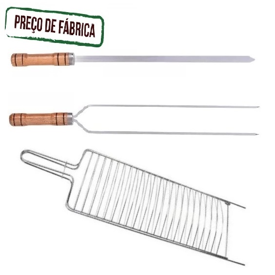 Kit Churrasco Grelha Dupla + 2 Espetos Aluminio Com Cabo Madeira Nobre de 67 cm Para Peixes Carnes Frangos Linguiça em Oferta na Shopee