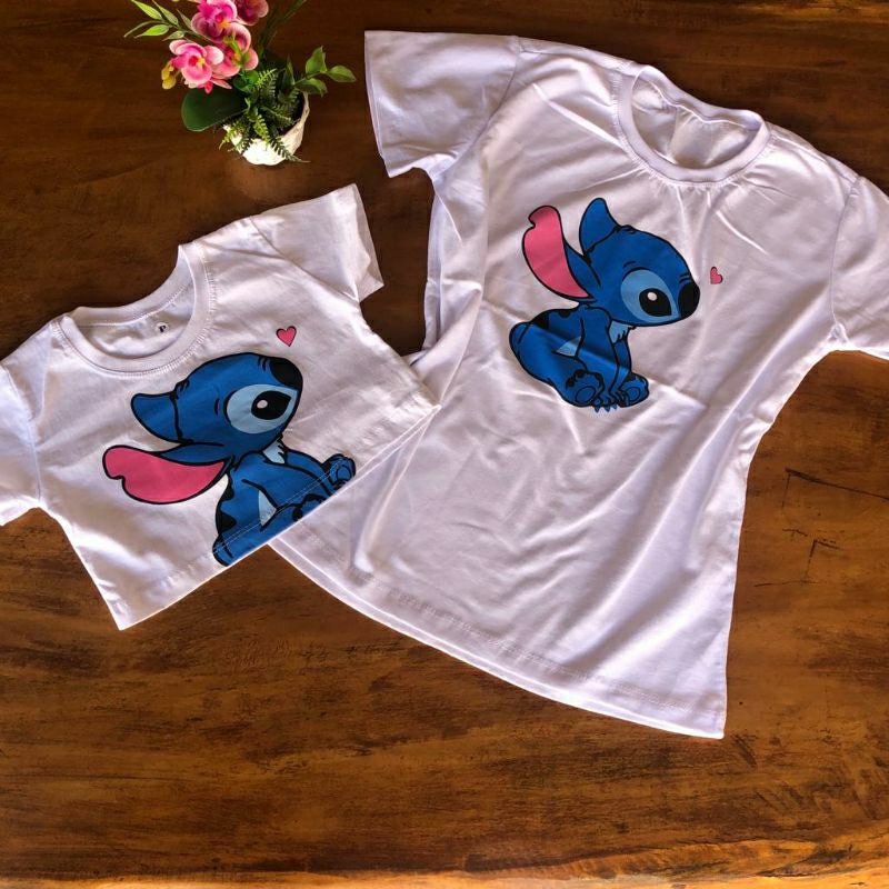 kit mãe e filha T-shirt adulto e cropped infantil stitch coração cor branca
