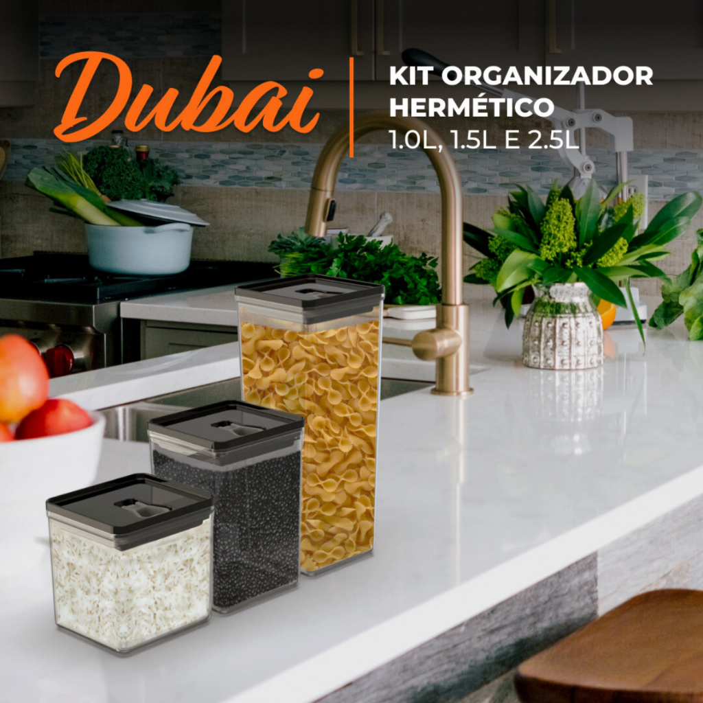 Kit Organizador Hermético Dubai 3 Potes Acrílico c/ Tampa Trava Quadrado Vasilha p/ Organizar Cozinha Mantimento