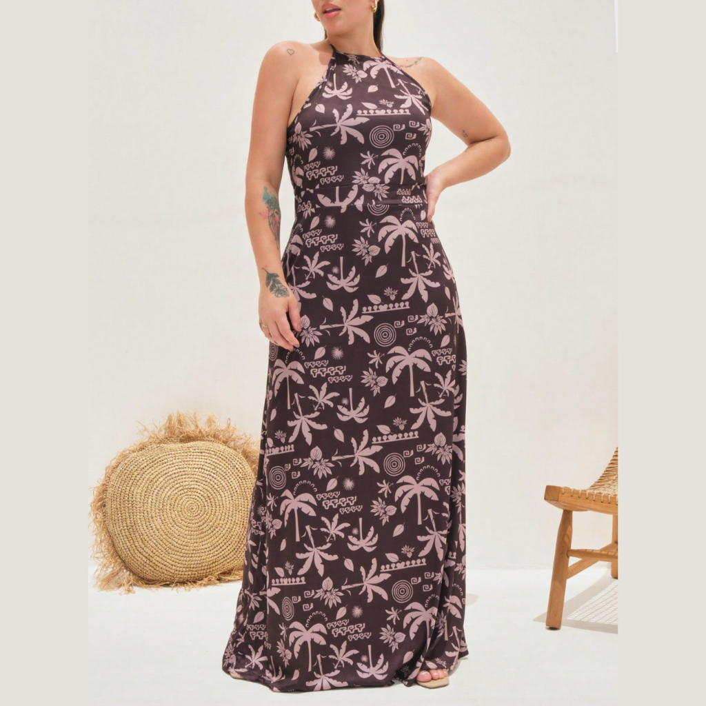 Vestido Feminino Longo Plus Size Frente Única Costas Nua Moderno Estampado Verão Com Amarração Tropical Elegante Luxo